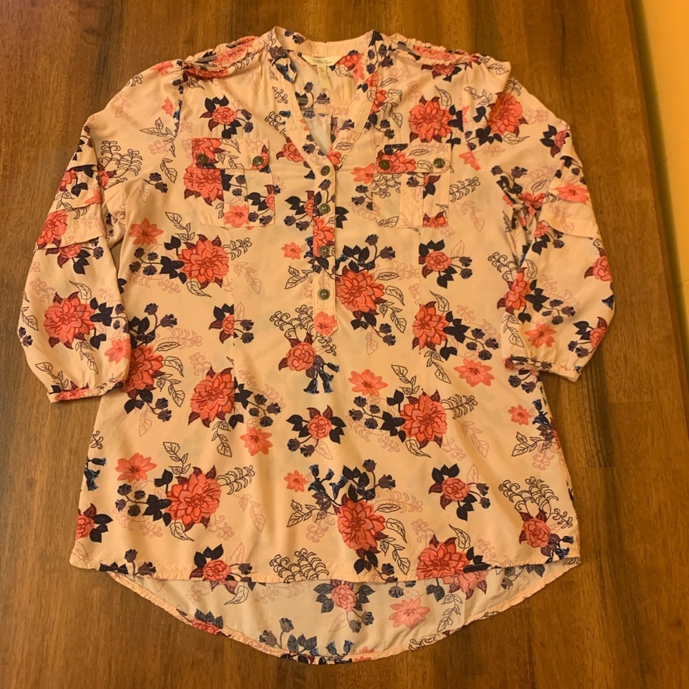 Matilda Jane top Medium light Pink Peach floral popover 3/4 sleeves 100% Rayon